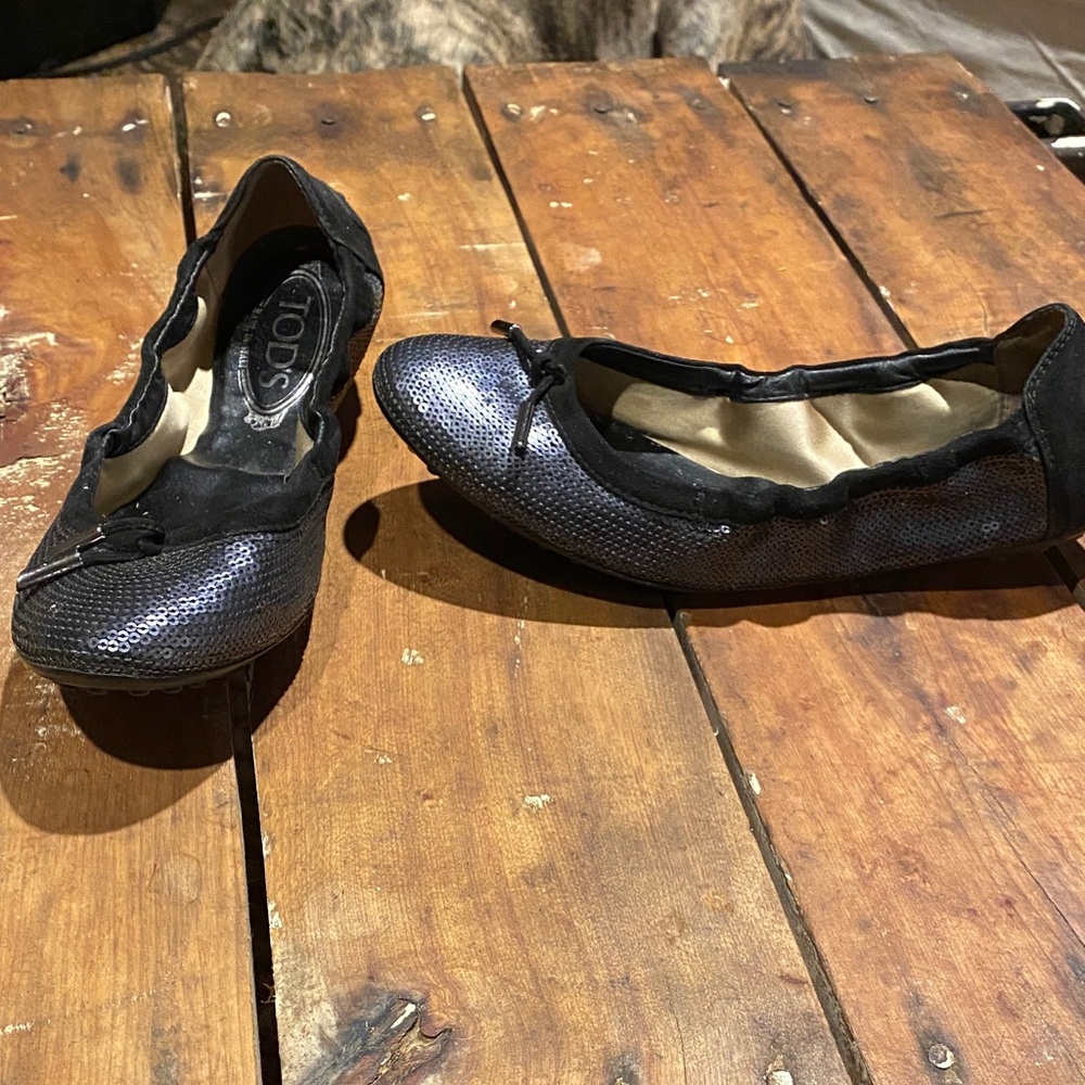 Tod's Black and Silver Sequin Flats